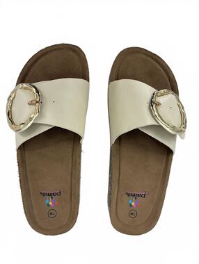 Palms Women's Slide Sandals in Cream with Gold Tone Buckle Detail Size 7W